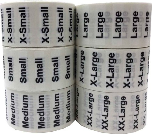 XS-XXL Clothing Labels – Clear Size Strip Stickers with Black Text, 1.25 x 5 Inch Labels, 750 Total Stickers (125 Each Size) for Retail Apparel, Clothing Organization, and Inventory – Made in The USA