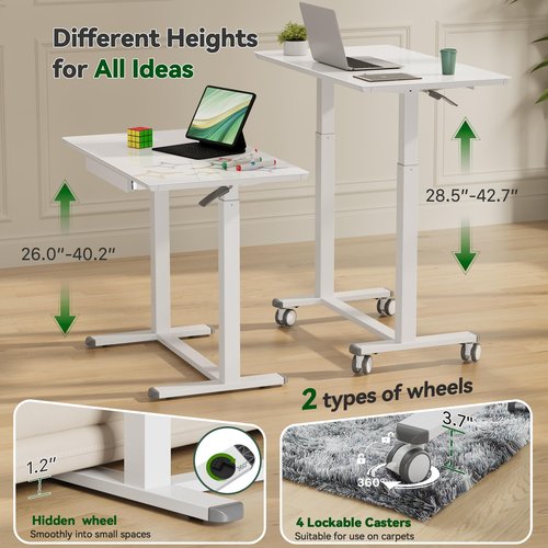 Gibbon Mounts Glass Standing Desk with Drawers,35inch Small Mobile Laptop Desk, Height Adjustable Rolling Sit Stand Desk, White Pneumatic Portable Computer Desk with Hidden Wheels or Lockable Casters