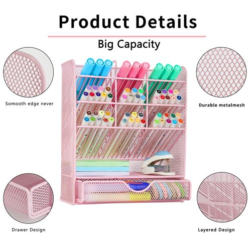 Spacrea Pen Holder Desk Organizer - Desk Organizers and Accessories, Pencil Holder with 10 Compartments and 1 Drawer(Pink)