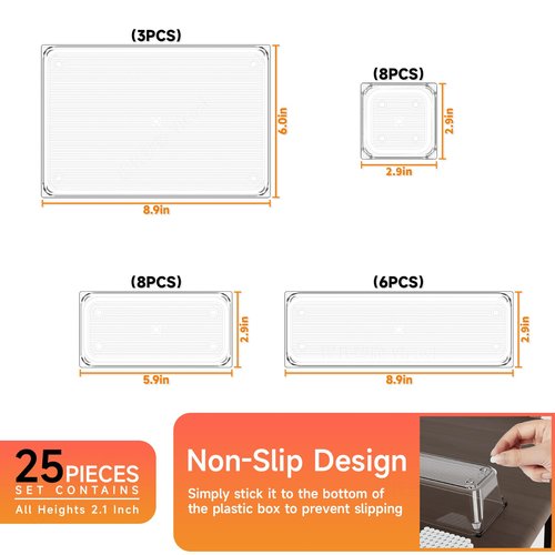 25 pc Clear Plastic Drawer Organizer Set,4 Size Small Storage Containers for Organizing Jewelry,Utensil,Junk,Tea,Makeup,Shallow Drawer Organizers Tray Suitable for Office,Desk,Bathroom,Vanity,Kitchen