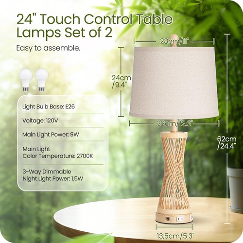 24.4” Farmhouse Rattan Table Lamps Set of 2, Touch Bedside Lamps for Bedroom with 3-Way Dimmable Night Light, USB A+C Charging Ports, Bamboo Boho Nightstand Lamp with Cream Linen Shade(Bulbs Included)