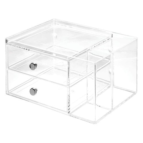 iDesign Plastic Vanity, Compact Storage Set Compartments for Cosmetics, Dental Supplies, Hair Care, Bathroom, Dorm, Desk, Countertop, Office, 6.5" x 6.5" x 6.5", 2 Drawer-Side Organizer