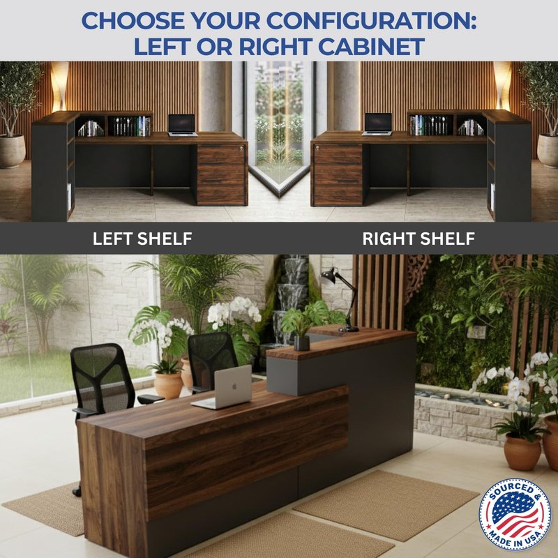 OfficeSimpli L Shaped Reception Desk with Counter - 78.5x40.5x42 Inch - Made in USA, Ship Mostly Assembled, L Shape Front Desk Reception Counter with Shelf Storage, Lockable Drawers for Office & Lobby