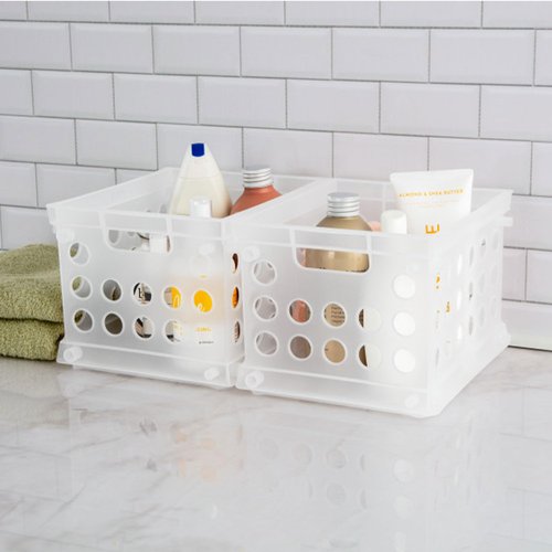 Sterilite Mini Crate, Stackable Plastic Storage Bin with Handles, Organize Home, Garage, Office, School, Dorm Room, Clear, 12-Pack