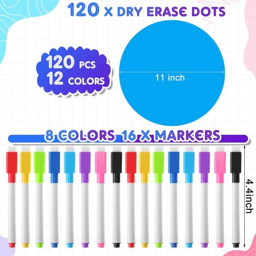 120 Pieces Colorful Large Dry Erase Dots Circles 11 Inch Removable Vinyl Table Stickers Wall Decals Spots with 16 Pieces Whiteboard Markers for Classroom Teacher Students Home Desk Wall