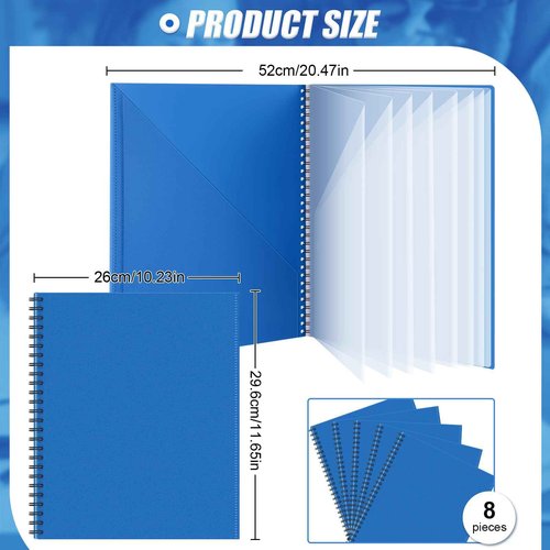 8 Pcs 10 Pocket Folder Bulk Plastic Spiral Project Organizer for Documents Papers Homework Portfolio Folder Binder with Plastic Sleeves School Office Supplies (Blue)