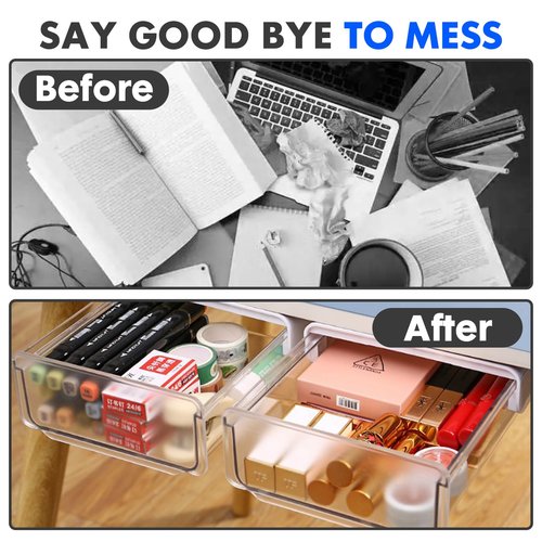 Self-adhesive Under Desk Drawer, 2 Packs Table Hidden Organizer Slide Out Large Storage Desktop Pencil Tray for Office Home School Kitchen (White), Matte White