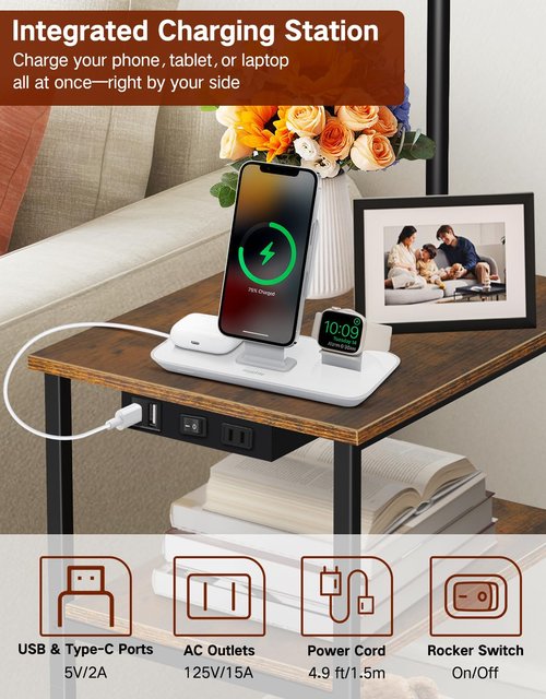 OUTONLIFE Floor Lamp with Table & Remote, Side End Table with Charging Station, Dimmable Nightstand with 3 Color Temperatures, 1-Hour Timer, 12W LED Bulb, for Living Room, Bedroom