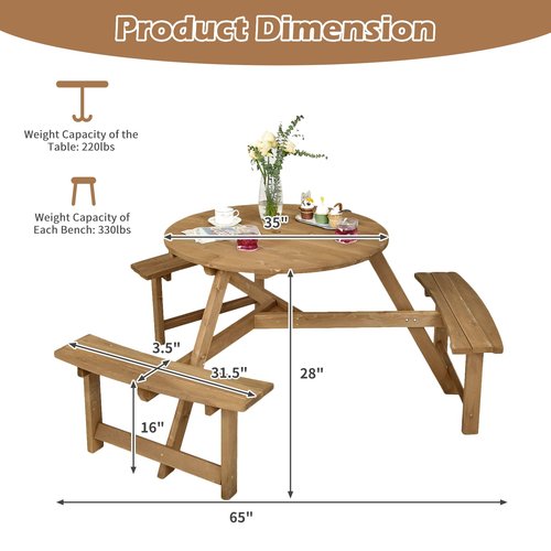 Tangkula 6 Person Wooden Picnic Table, Outdoor Round Picnic Table with 3 Built-in Benches, 1.5 Inch Umbrella Hole, Outside Wood Table and Bench Set for Garden, Backyard, Porch (Dark Brown)