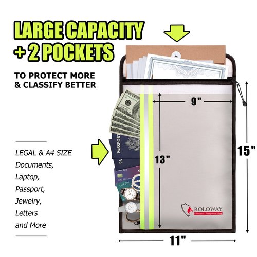 ROLOWAY Fireproof Document Bag (15 x 11 inch) with 2 Pockets & Waterproof Zipper, Fire Safe Envelope Bag for Cash, Legal Documents (Silver)
