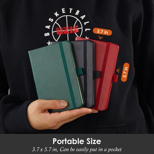 NIRMIRO Mini Pocket Notebooks - 3 Pack A6 Leather Journals with Pen | Black, Red, Green
