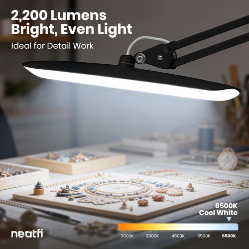 Neatfi XL LED Desk Lamp - 2200 Lumens Shadow-Free Task Lighting | 4-Level Dimming | 20-Inch Wide Head (Black)