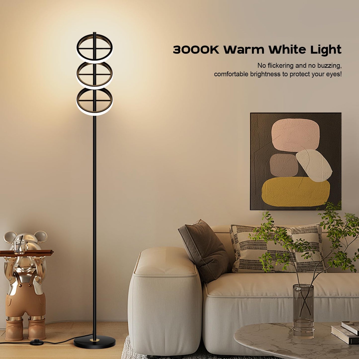 FIGDIFOR Modern LED Floor Lamp - Adjustable 3 Saturn Rings-Contemporary Tall Standing Lamp for Living Room & Office Bedroom Reading-Black