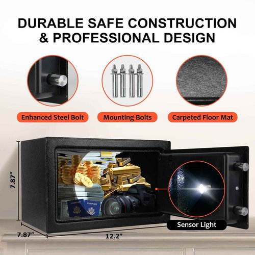 Bostra Fireproof Safe Box with Sensor Light, Digital Keypad, for Home - 0.5 Cubic Small Safe with Keys & Pass Code for Cash, Jewelry
