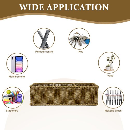 Yomjarl Remote Control Holder,Tv Remote Storage Basket,Handwoven Wicker Basket with 3 Compartments,Desk Caddy,Cosmetic & Night Stand Storage Box,Table Organizer for Office Supplies,Makeup Brush Holder