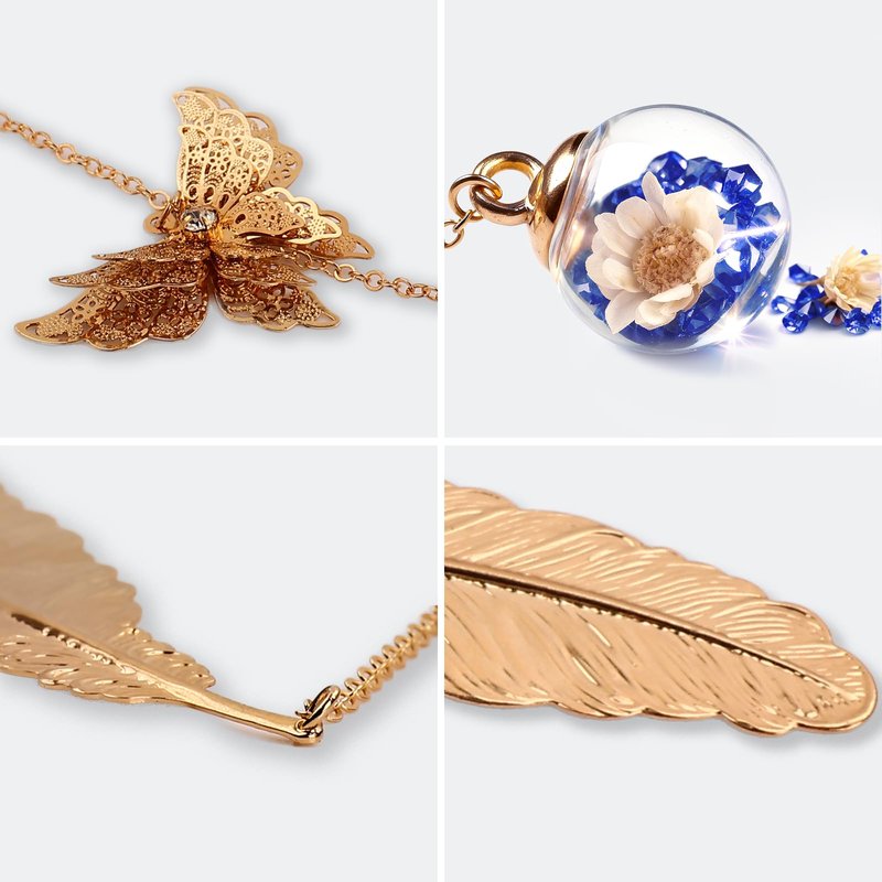 Teacher Retirement Gifts - Metal Feather Bookmark with 3D Butterfly & Real Dried Flower Pendant - Bookmark for Women & Book Lovers Under 10 Dollars - Gift Box Included
