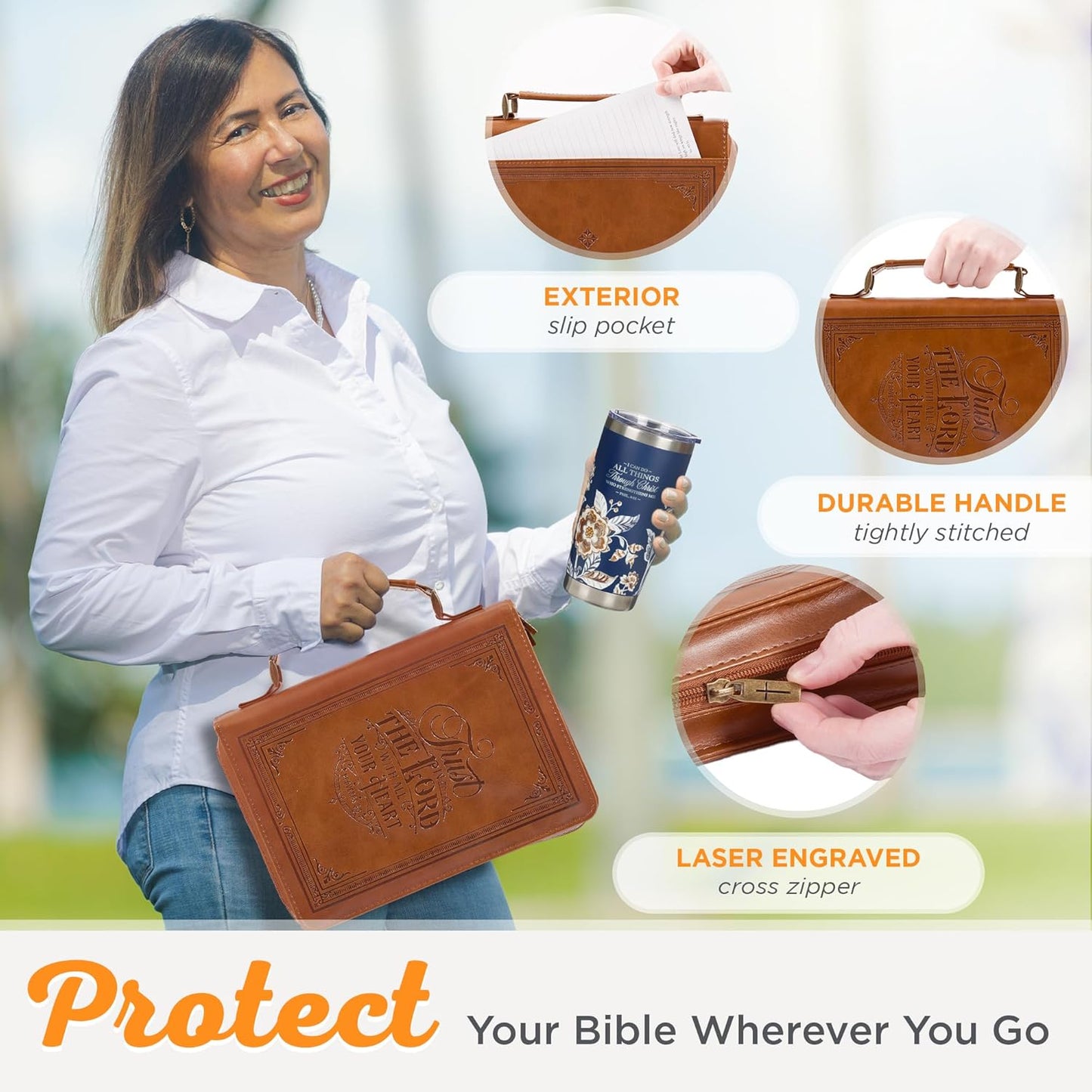 Christian Art Gifts Vegan Leather Bible Cover - Inspirational Trust in the Lord Verse, Medium Brown, Easy Carry Design