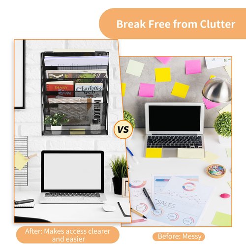 Modern Made Hanging Wall File Organizer - 6 Tiers Mail Organizer Wall Mounted - Multi Layer Wall Hanging File Organizer, Black Durable Metal Mail Holder