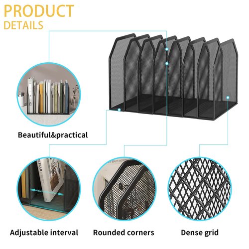 FANXIYQ Metal 7-Section File Folder Organizer for Desk | Vertical Office File Holder | Heavy-Duty Mesh Document Sorter for Books, Binders, Laptops | Black Desk Organizer (12.8”x8.5”x7.9”)