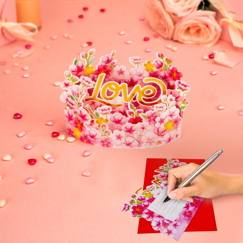 DESIMPLE Sweet Cherry Blossom Pop Up Card, 7 Inch Flower 3D Greeting Card with “Always & Forever” Heart, Romantic Anniversary Card for Valentine’s Day, Birthday, Includes Envelope & Message Note
