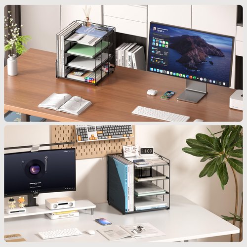 Becomrock Desk File Organizer and Accessories, 4-Tier Paper Organizer with Vertical File Holder, Office Desk Accessories & Workspace Organizers and Storage for Office Supplies (Black)