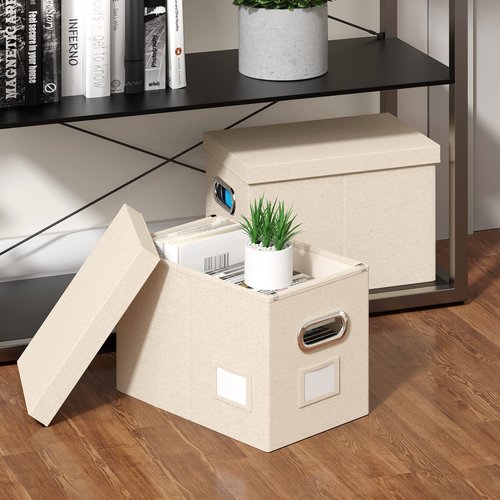 DYWMM Hanging File Box with Lid, Set of 2 Filing Organizer Storage Box, Linen Collapsible Decorative Office/Home File Cabinet (14x9.3x10.9 inch) (Beige)