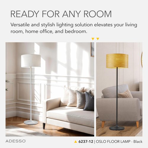 Adesso Floor Lamp with Scratch Proof and Corrosion Resistant Body - Perfect Lighting for Bedroom, Living Room and Corner Decor, Matte Black