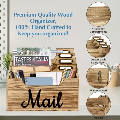 ANRXNCY Rustic Mail Organizer Letter Sorter for Counter, Mail Holder Desktop File Holder, Countertop Desk Office Accessories for File Letter Paper Folder, White Wooden Desk Organizer