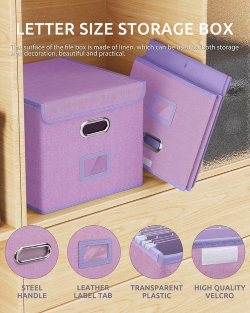 Oterri 2 Pack File Organizer Box,File Box,Small File Cabinet for Letter Folders,Lavender Portable Filing Box,Hanging File Folder Organizer Box with Lid for Office/Decor/Home- without Folders