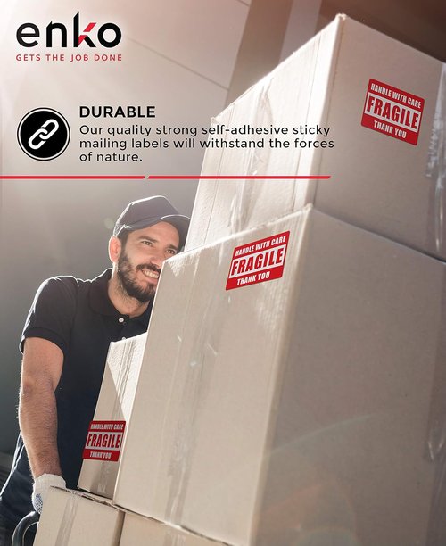 Enko Large Fragile Stickers - Handle With Care Warning Packing Labels | 3 x 5 Inch, 500 Labels