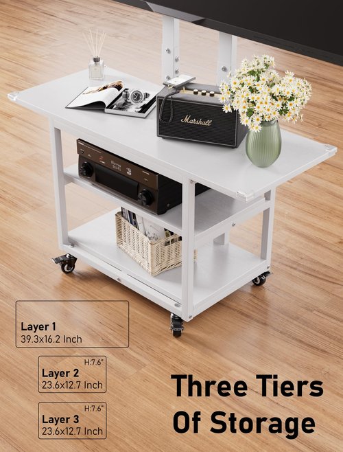 EZISE Portable Rolling TV Cart for 32-75 Inch LCD/LED/OLED TVs, TV Floor Stand on Silent Wheels with Storage Shelf, Height Adjustable Tall TV Stand for Bedroom, Living Room, Office
