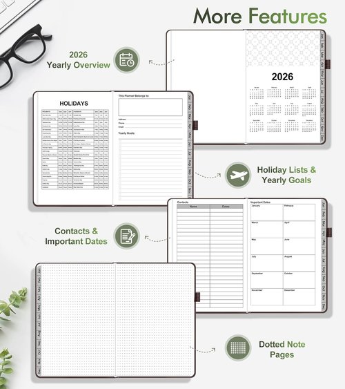 2026 Weekly & Monthly Planner - Skiennix Leather Agenda Organizer Book, A5 Size (5.75" x 8.38"), Brown