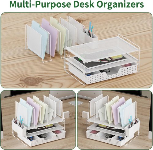 LEKETREE Desk Organizer - Vertical File Holder with Drawer & Pen Holder | White Office Accessories