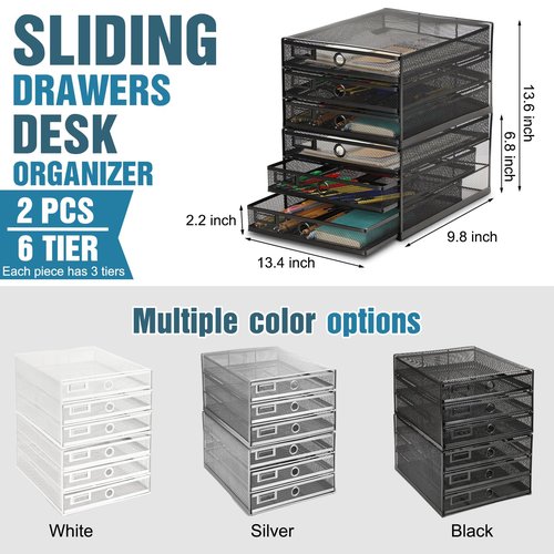 Zhanmai 2 Pcs Desk Organizer with Drawer Total 6 Tiers, Wire Mesh Organizers Tray Multifunctional Paper Sorter File Stand for Home Office Supplies Storage Letter A4 Paper Office Accessories(Black)