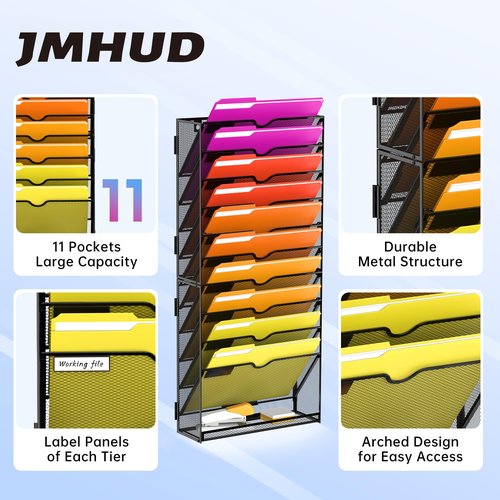 JMHUD 11-Tier Wall File Organizer Hanging File Organizer for Papers, Folders, Files, Magazine, Document, Mesh Wall Mount File Holder for Office Home School, Black