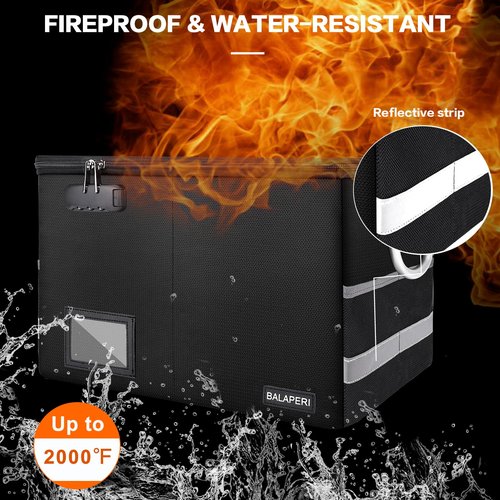 BALAPERI Fireproof Document Box with Lock, Portable File Box with Handle, Locking File Organizer Storage Box for Legal/Letter Size Hanging Folders, Collapsible,16.1" x 12.9" x 11"