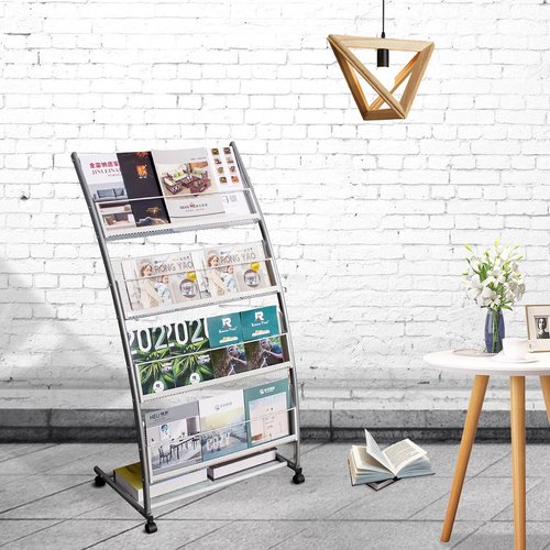 XIDIANOK Brochure Display Stand, Floor-Standing Magazine Rack with 4 Pockets, Information Rack With casters Easy to Move for Trade Show Exhibitions Office Retail Store 44.1" H