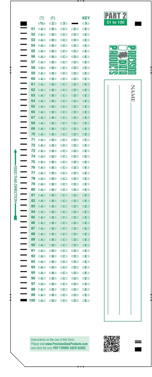 882-E Compatible Test Forms, PDP-100 Question Exam Sheet (Package of 500 Forms)