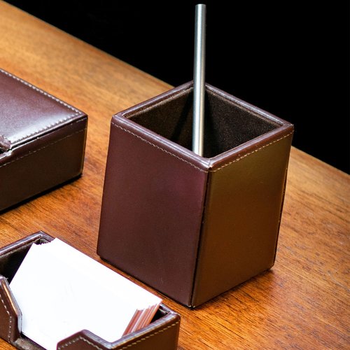 Dacasso Dark Brown Bonded Leather Pencil Cup Holder - Luxury Executive Decor and Office Accessory Desk Surface Protector