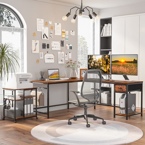 Furologee 3 Tier Printer Stand for Home Office Organization, Mobile Printer Cart with Wheels and 2 Hooks, Under Desk Shelf with Storage, for Living Room, Kitchen, Rustic Brown