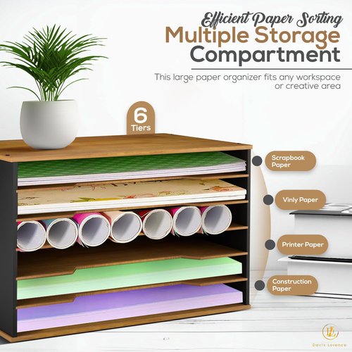 Ultimate Wooden Paper Organizer 20.25"W x 12.25"H x 13.25"D, 6-Tier Storage for 12"x18" & 11"x17" Sheets, Includes Matching Pen Holder & Tray, Ideal for Office, Home, Art Room and Classroom