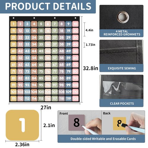Yoink Boho Number Pockets Chart 1-120 with 135 Double-Sided Number Cards, Wall Mountable Hundred Chart for Kids Classroom Teachers Home Counting and Organizer, Black