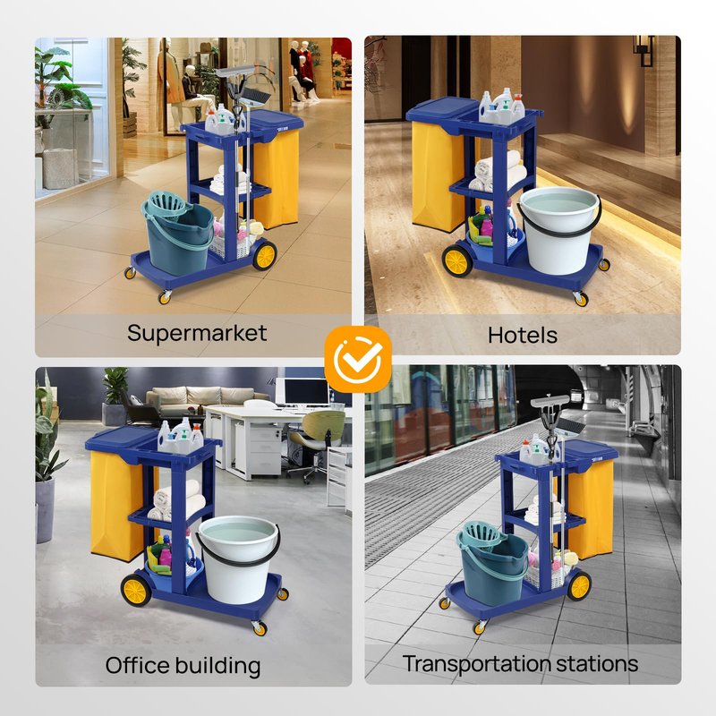 TUFFIOM Commercial Traditional Cleaning 3-Shelf Janitorial Cart, 500 Lbs Capacity Housekeeping Cart, Wheeled with Yellow VinylBag and Cover w Lid, Blue,