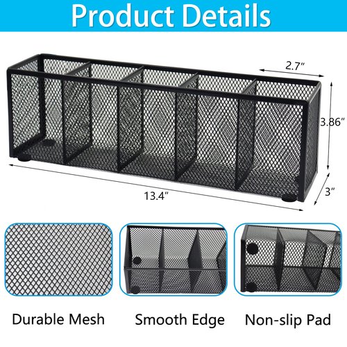 Flytreal Black Mesh Pen Pencil Holder, Small Metal Desk Organizer Desktop Stationery Office Supplies Acessories Storage Stand, 5 Compartments Brushes Holder for Home School Classroom Teachers