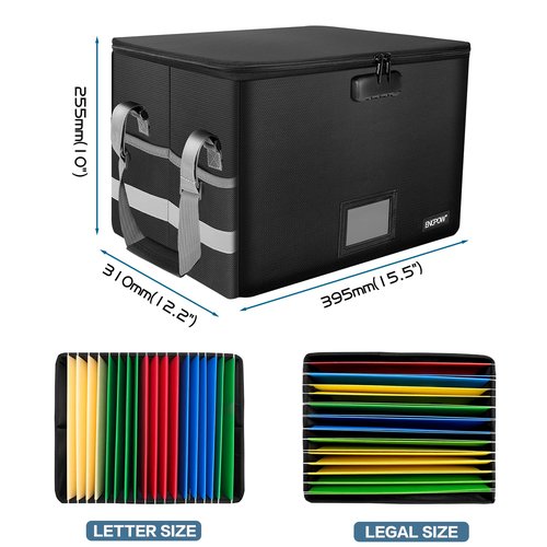 ENGPOW File Box with Lock,Fireproof Document Box with Zipper&Pockets,Collapsible File Organizer Filing Storage Cabinet with Handle,Portable Home Office Safe for Hanging Letter/Legal Folder,Black