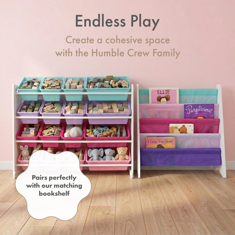 Humble Crew Toy Storage Organizer with 16 Removable Storage Bins for Kids Playroom, 4-Tier Toddler Toy Organization, White/Blue/Pink/Purple