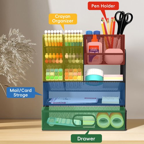 ReePlan Mesh Pen Organizer for Desk, Multi-Functional Pencil Holder with Drawer Desk Organizers, Large Capacity Storage for School Office Home Supplies