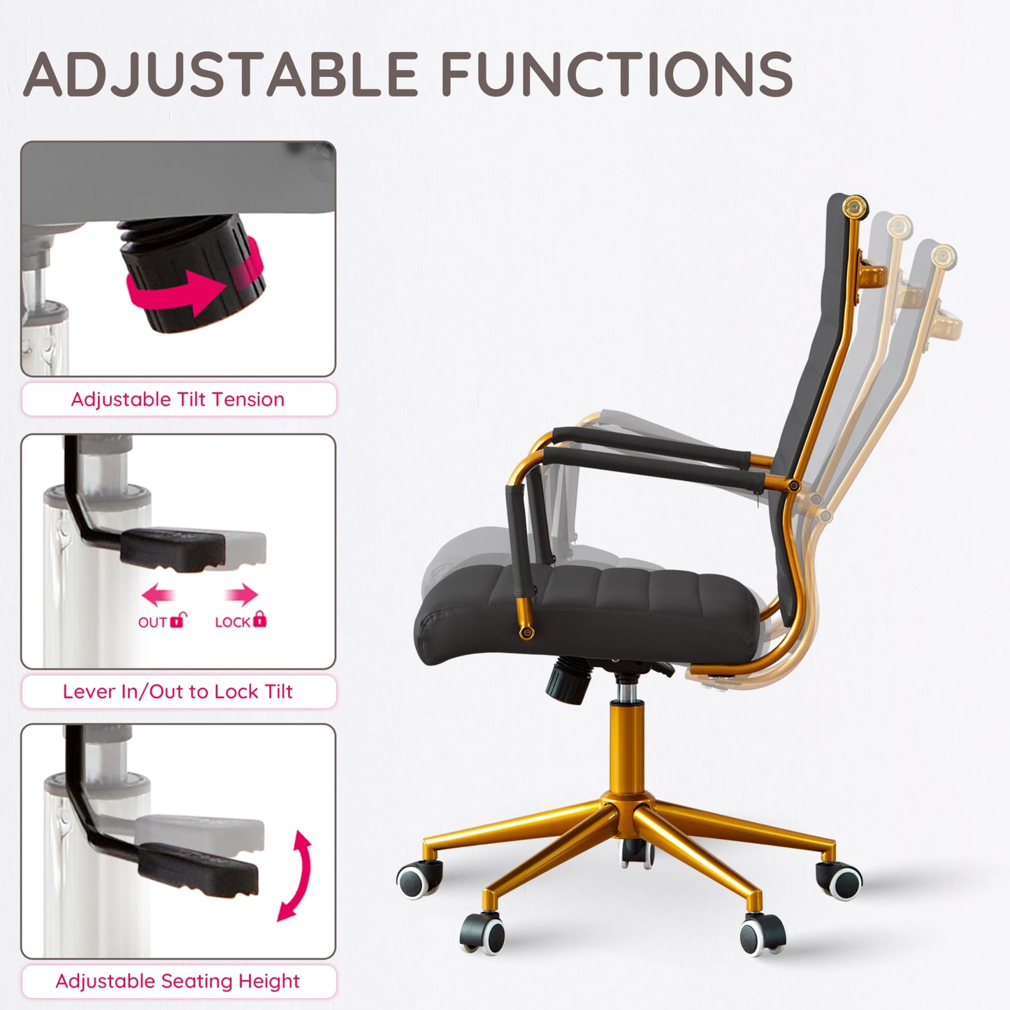 Livinia Modern Executive Office Desk Chair, Chrome & Leather Conference Room Swivel Chairs with Ribbed High Back, Adjustable Height, Removable Armrest, and Wheels for Home Office (Black(Gold))