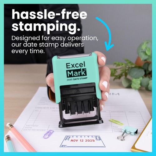 ExcelMark 2445 Date Stamp with Text - Blue and Red Ink (Seafoam Mount, Received)