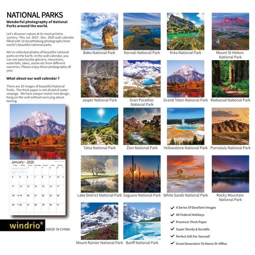 2026 Wall Calendar,Calendar 2026, July 2025 - December 2026, Wall Calendar National Parks, 12" x 24" Opened,Full Page Months Thick & Sturdy Paper for Calendar Organizing & Planning